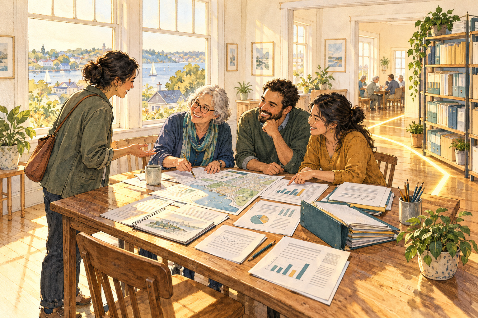 Vecinos reunidos alrededor de una mesa comunitaria iluminada por el sol revisan juntos mapas y documentos públicos.