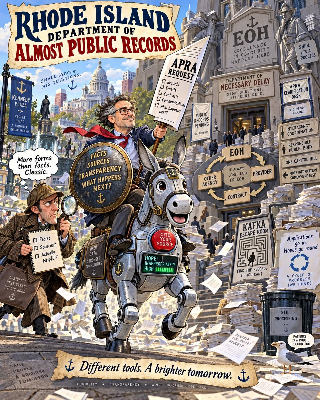 Ilustración satírica de Rhode Island: una persona montada en un burro mecánico y un detective recorren un ficticio Departamento de Registros Casi Públicos entre letreros de solicitudes APRA, papeleo y un letrero EOH que dice «Aquí ocurre la excelencia en la oscuridad».