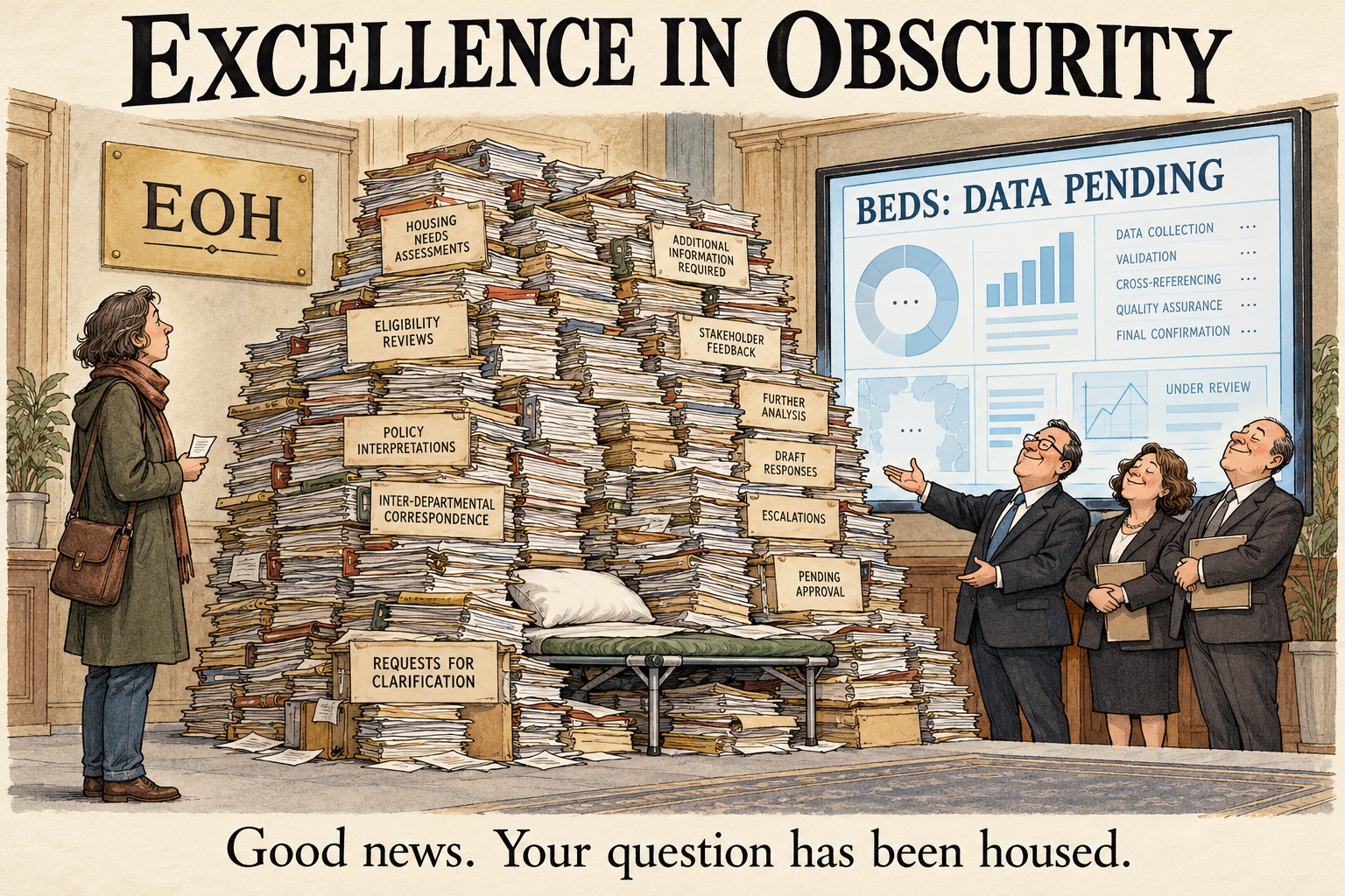 Satirical illustration: a citizen faces a mountain of paperwork around an empty shelter bed while officials present a Beds: Data Pending dashboard. Caption: Good news. Your question has been housed.