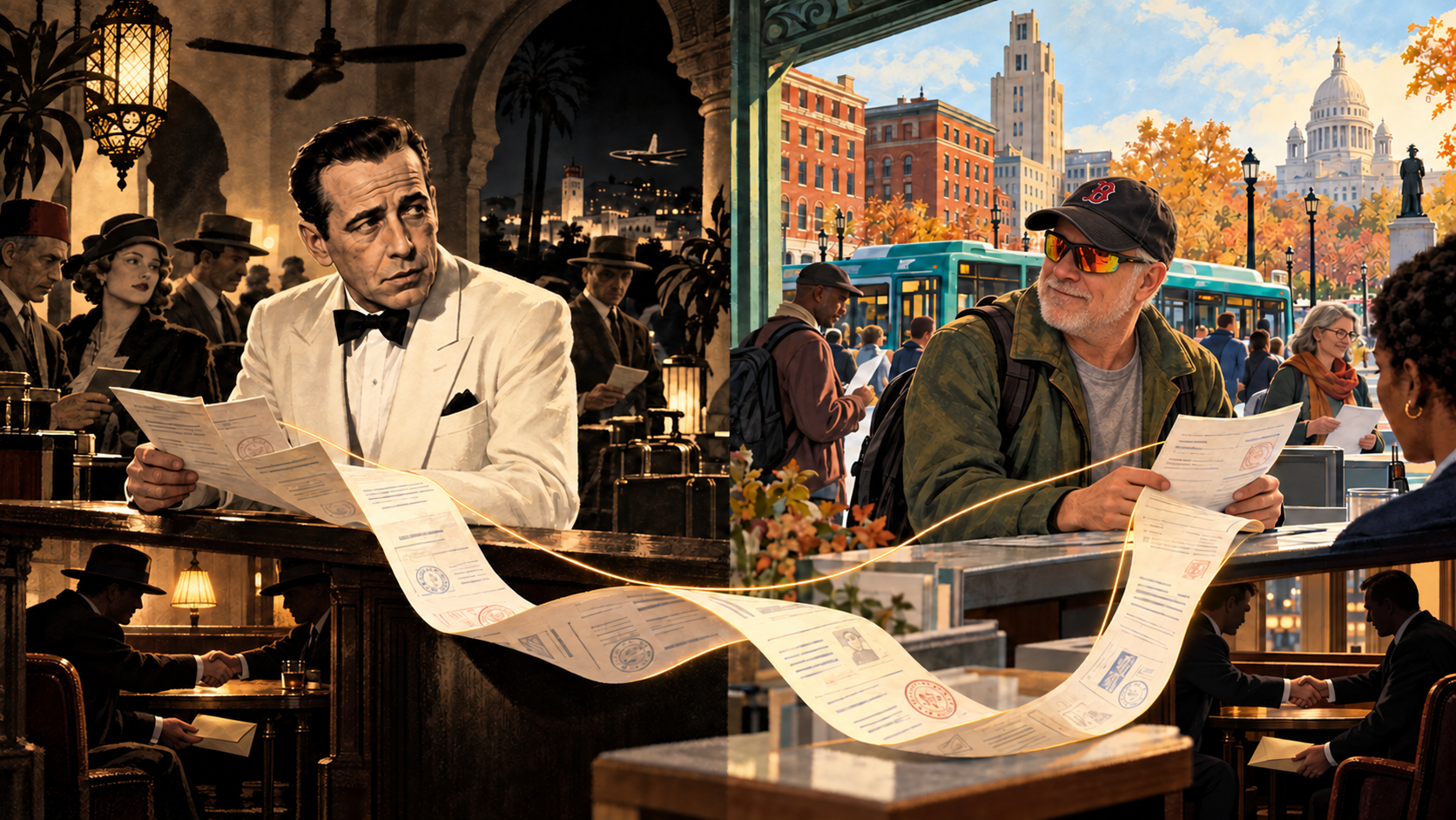 Bogart en Casablanca está frente a Peter, presentado como un residente de Providence que busca ayuda; una cinta de papeleo los conecta y, debajo, se reflejan acuerdos ficticios a puerta cerrada.