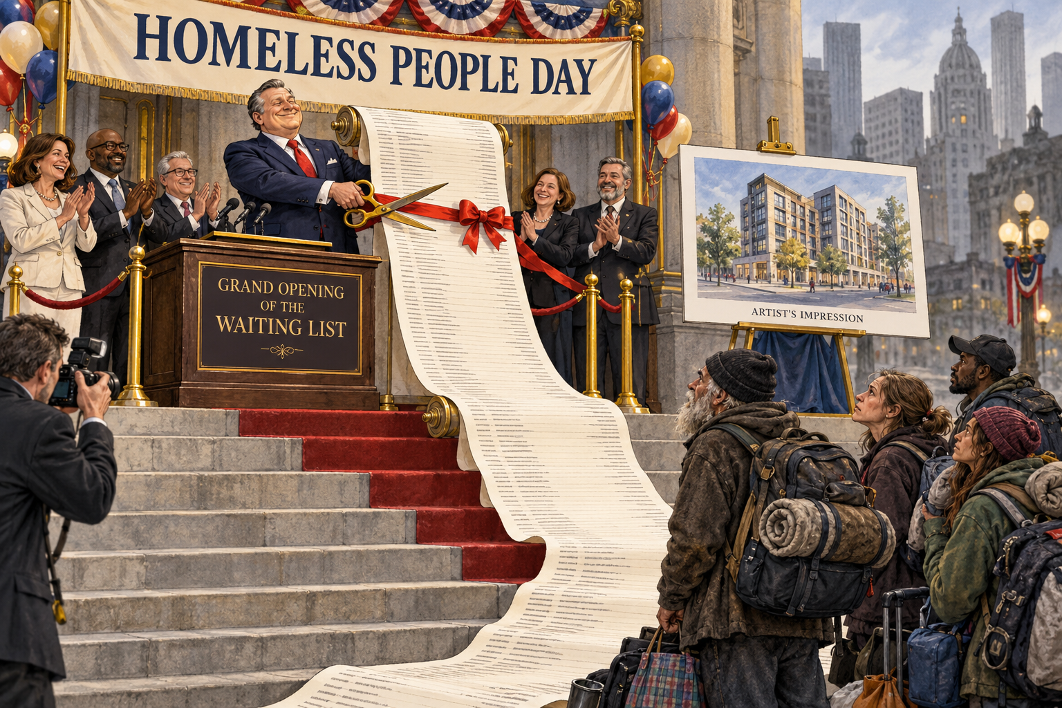 Satirical illustration: officials cut a ribbon on an enormous waiting list beneath a Homeless People Day banner while people with their belongings watch from below.