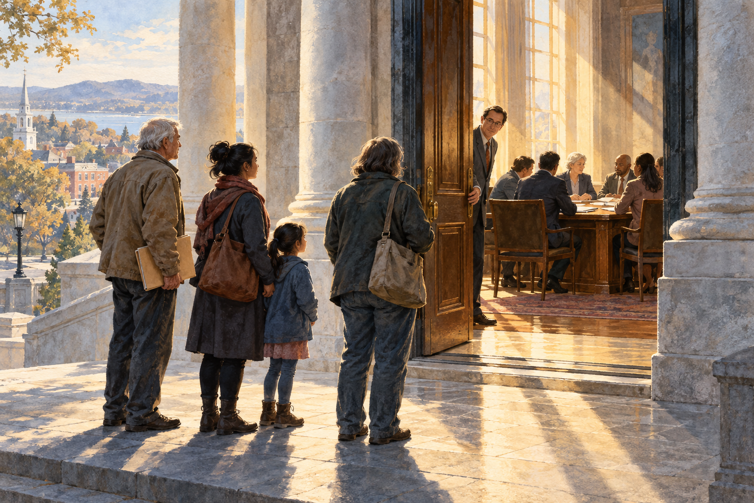 Illustration of people waiting outside an open doorway in a columned public building while a group meets around a table inside.